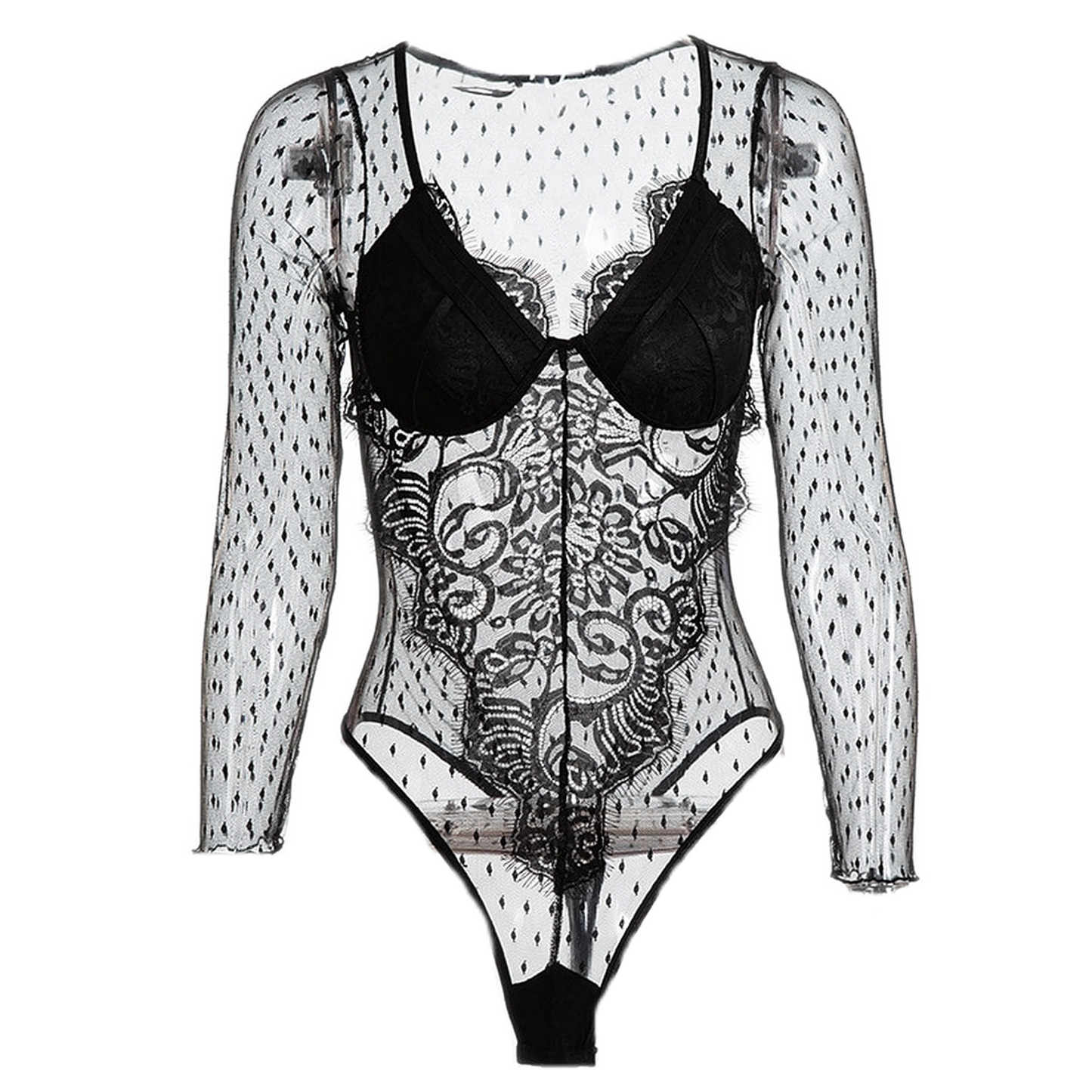 Body Dentelle Manche Longue Transparente Noir