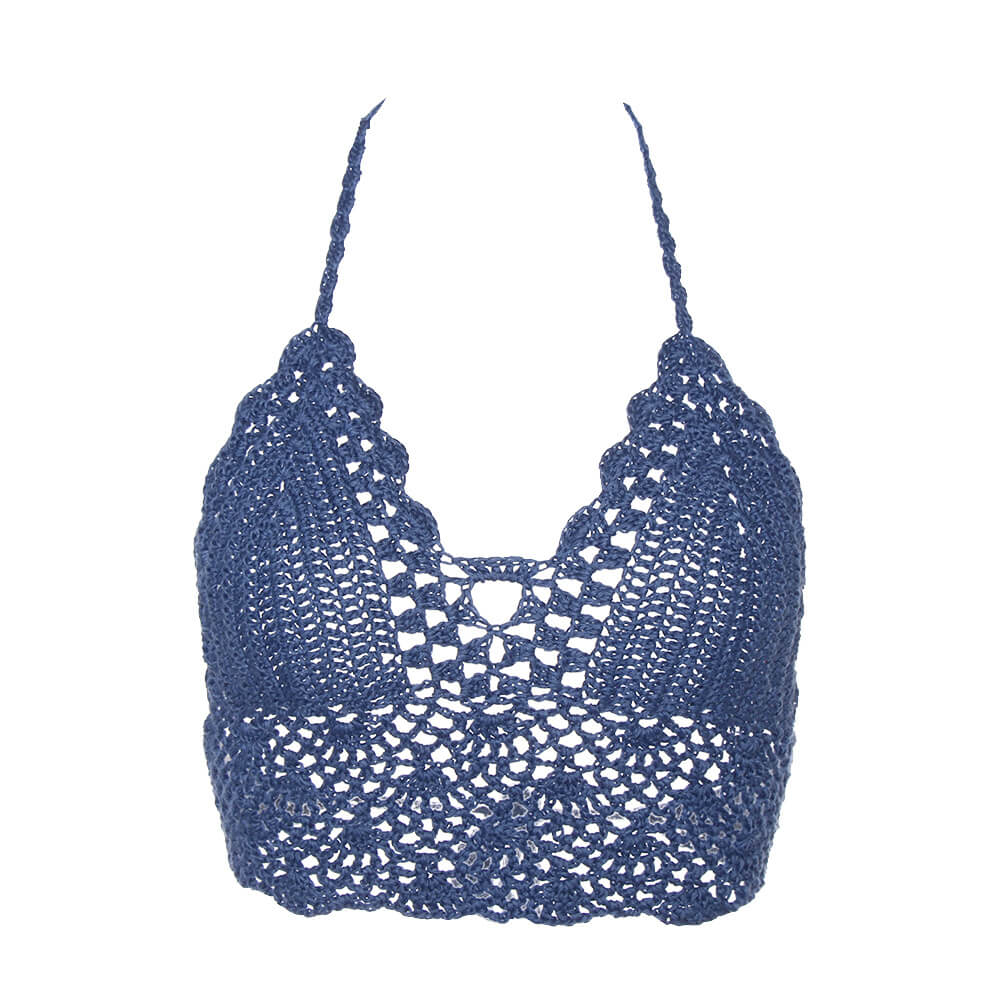 Crop Top Dentelle Fait Main Bleu