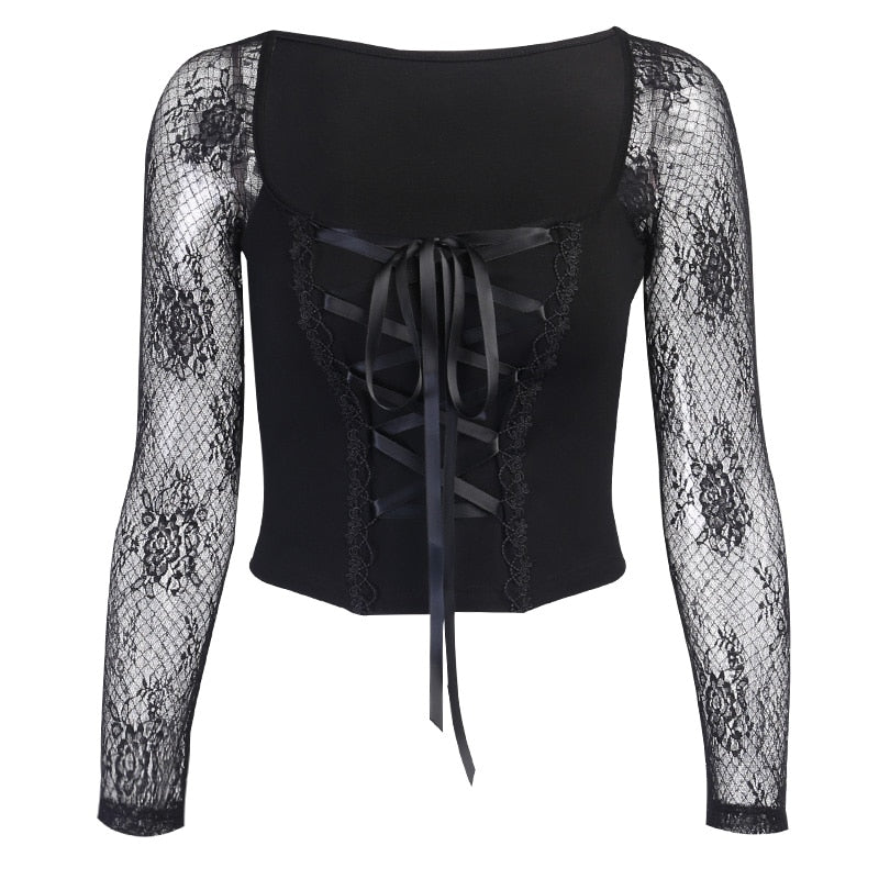 Haut Dentelle Manche Longue Noir