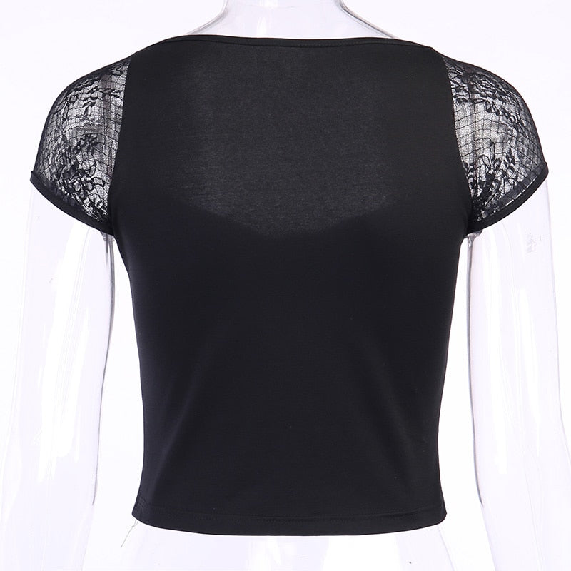 Haut Dentelle Noir Manche Courte Dos