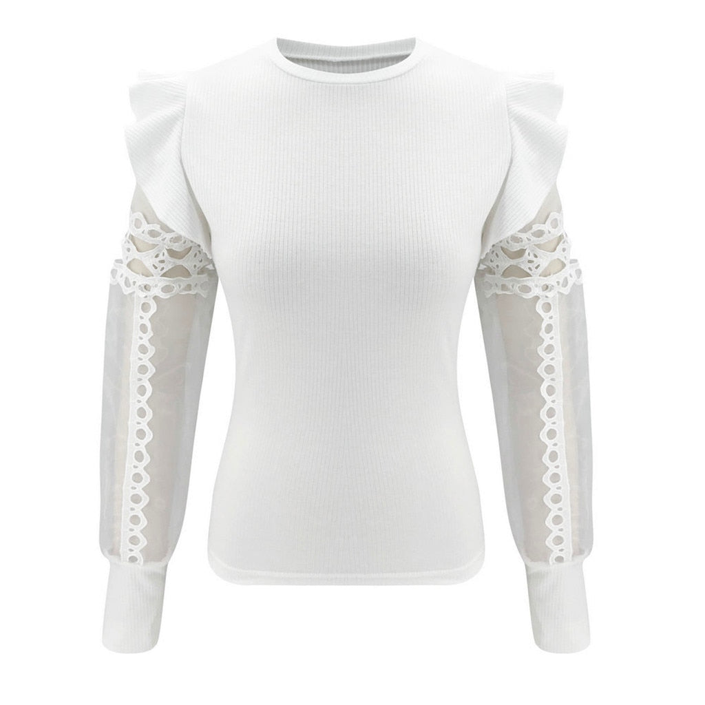 Haut Manche Longue Dentelle Blanc