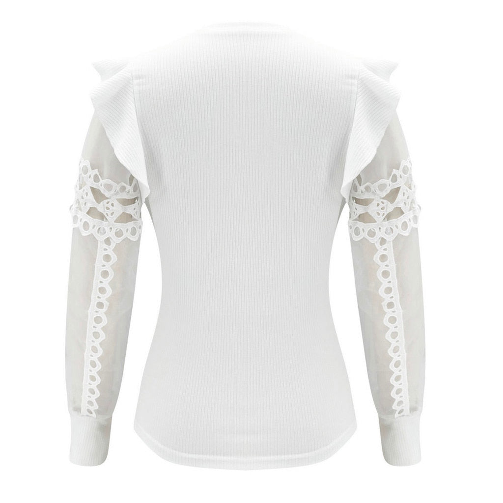 Haut Manche Longue Dentelle Blanc Femme