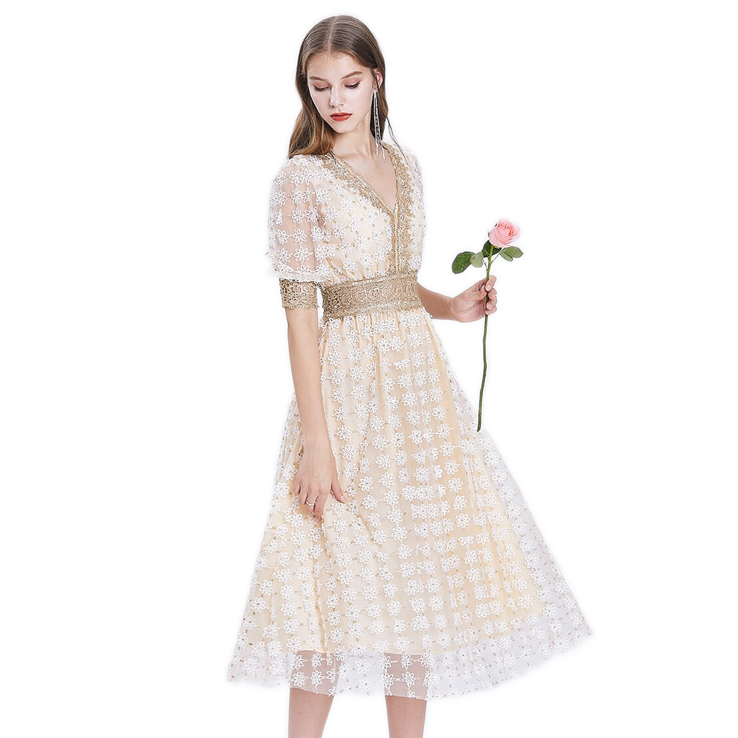 Robe Dentelle Beige Femme