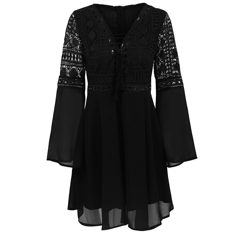 Robe Dentelle Manche Évasée Noire