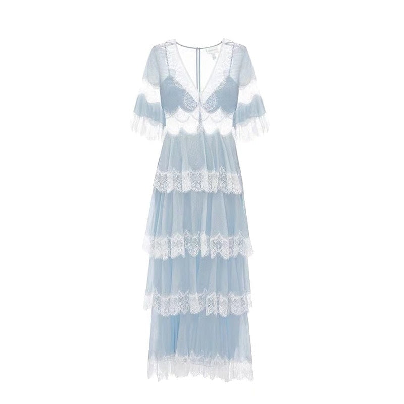Robe Été Longue Dentelle Bleu Ciel