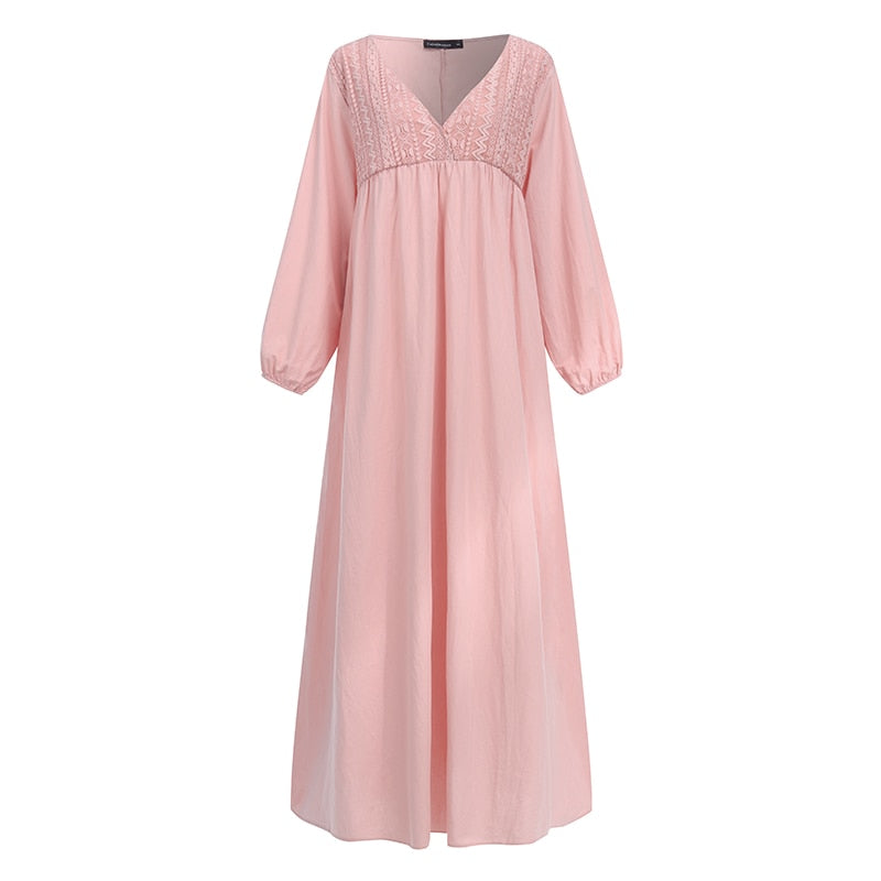 Robe Longue Dentelle Manche Longue Rose