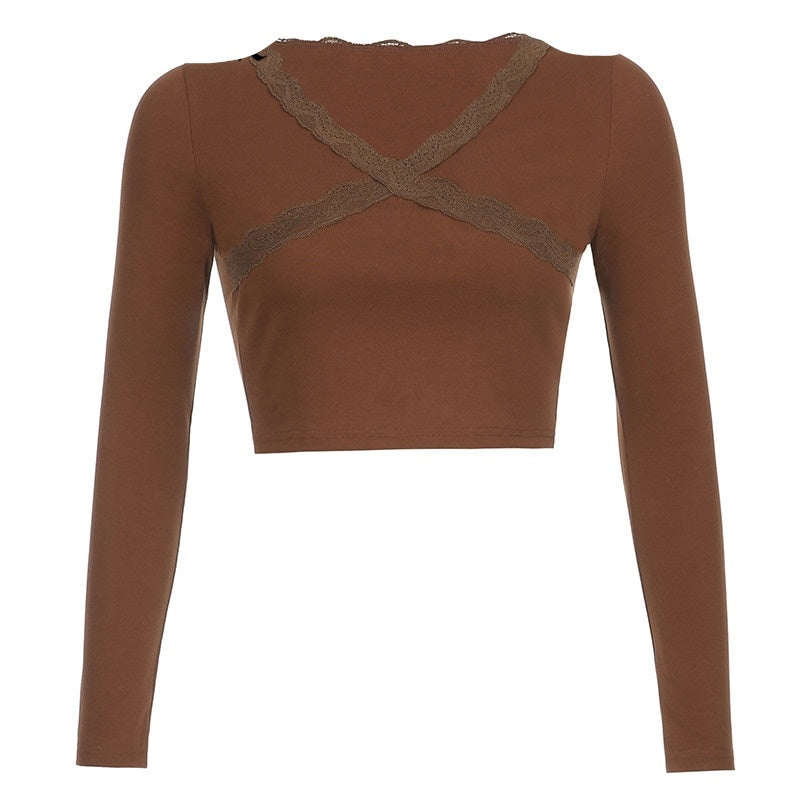 Top Dentelle Manche Longue Marron