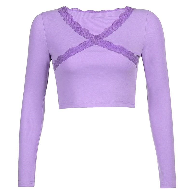 Top Dentelle Manche Longue Violet