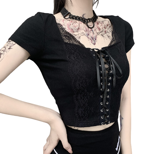 Top Manches Courtes Dentelle Noire