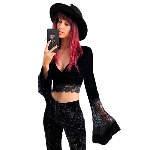 Top Manche Longue Dentelle Noir Femme
