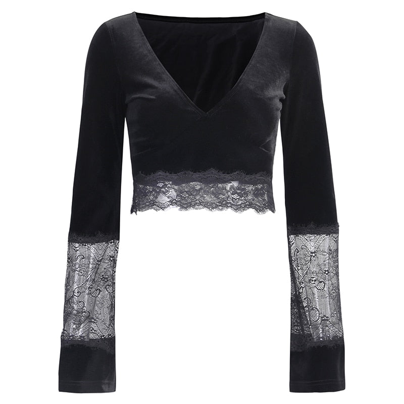 Top Manche Longue Dentelle Noir