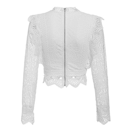 Crop Top Dentelle Blanche Manches Longues